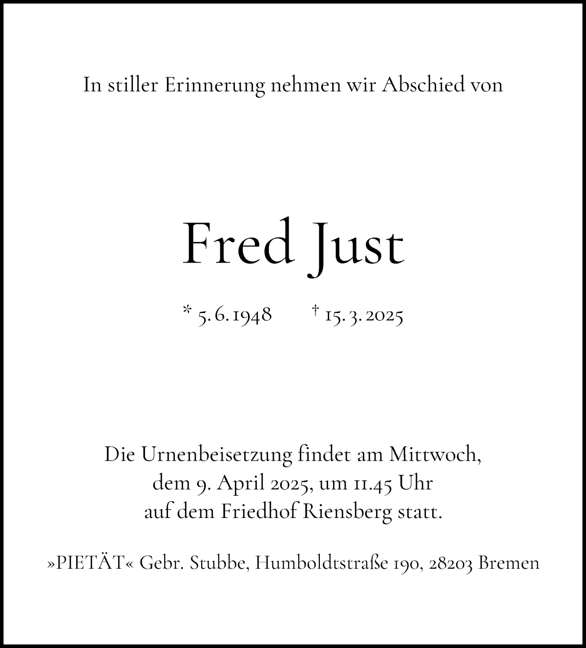 Traueranzeige von Fred Just von WESER-KURIER