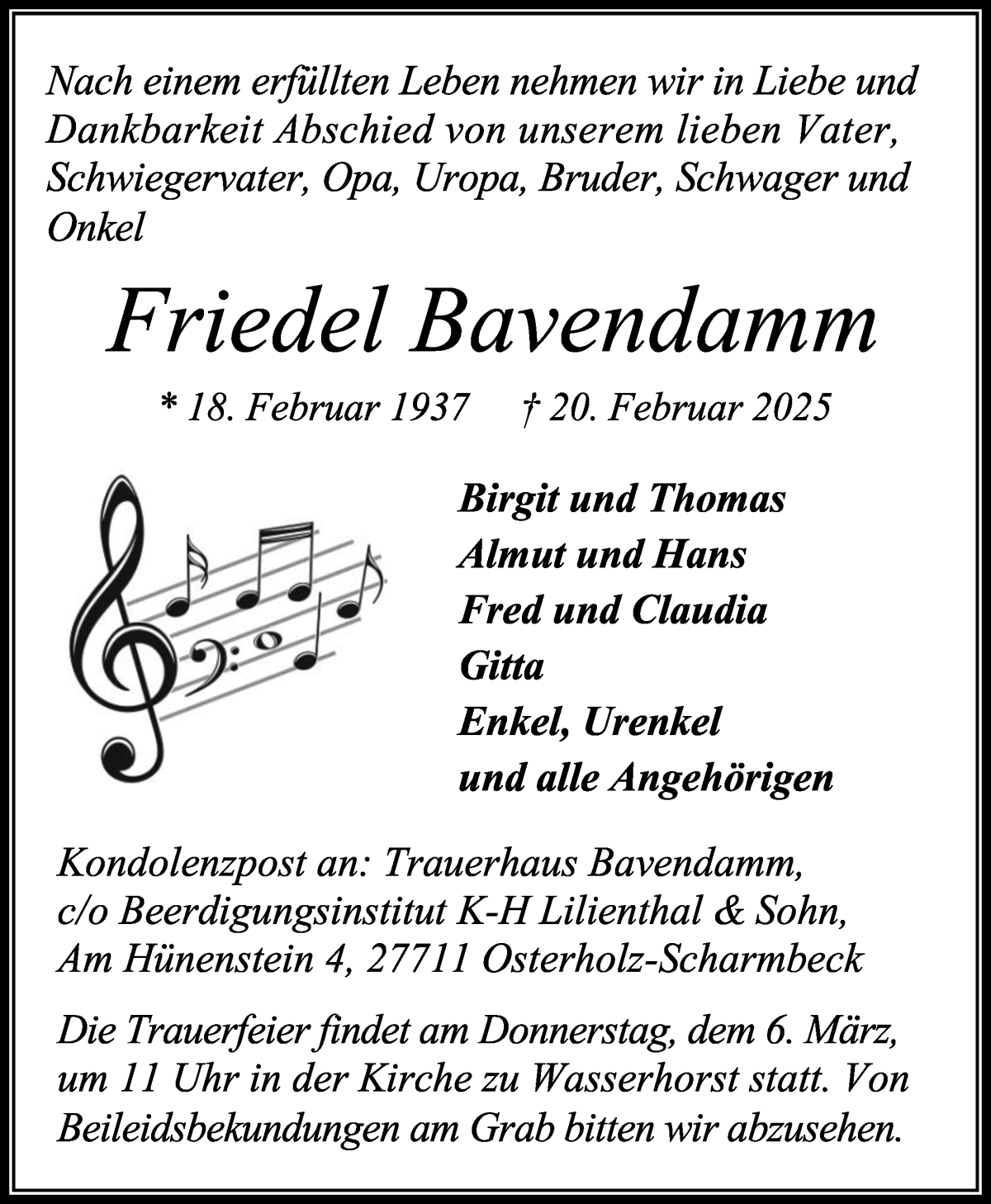 Traueranzeige von Friedel Bavendamm von WESER-KURIER