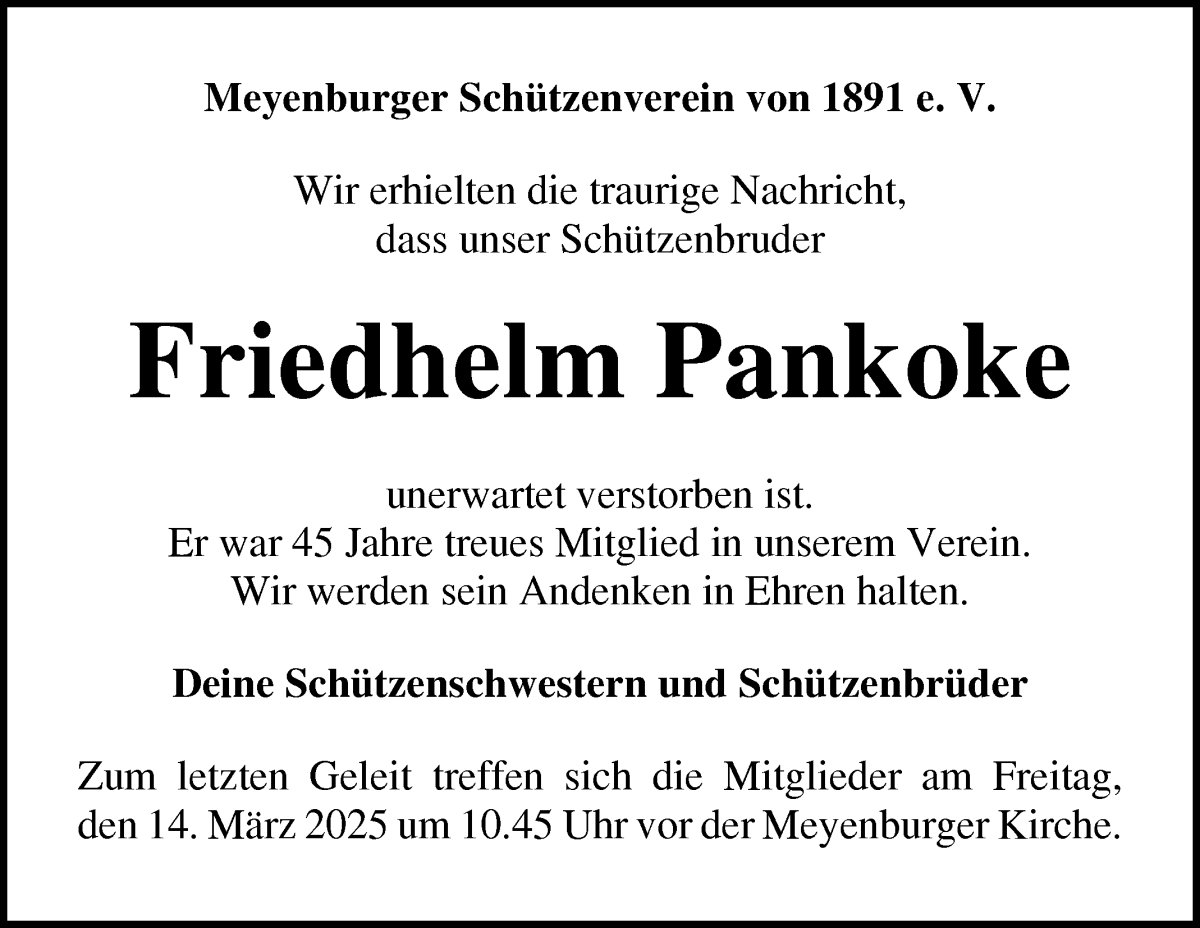 Traueranzeige von Friedhelm Pankoke von Die Norddeutsche