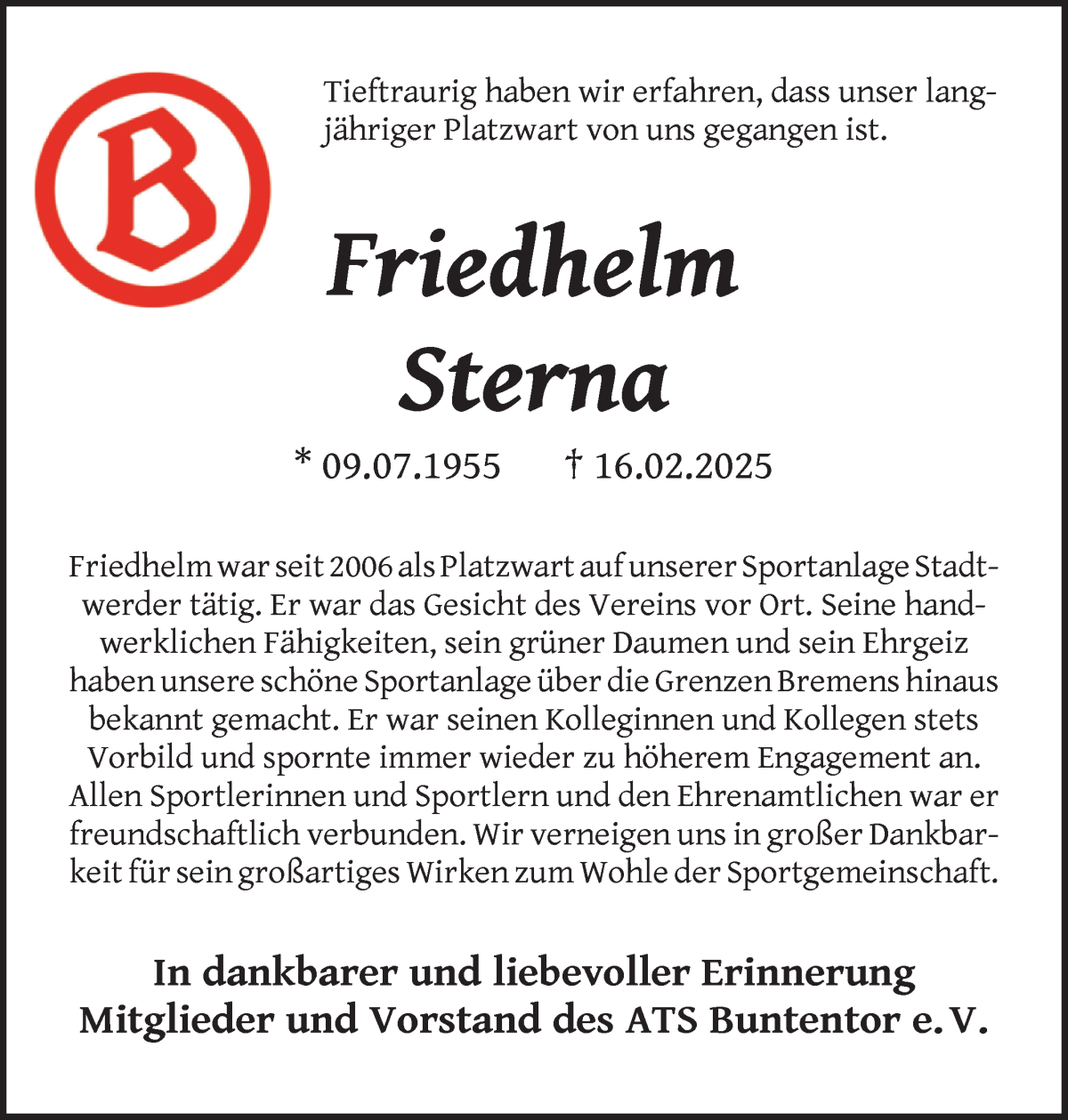 Traueranzeige von Friedhelm Sterna von WESER-KURIER