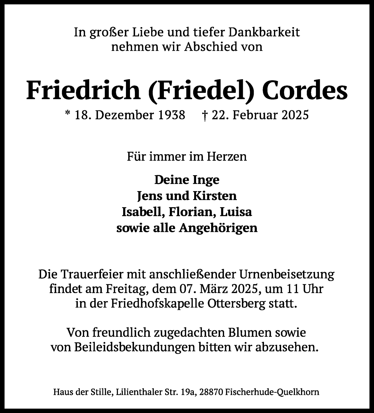 Traueranzeige von Friedrich Cordes von WESER-KURIER