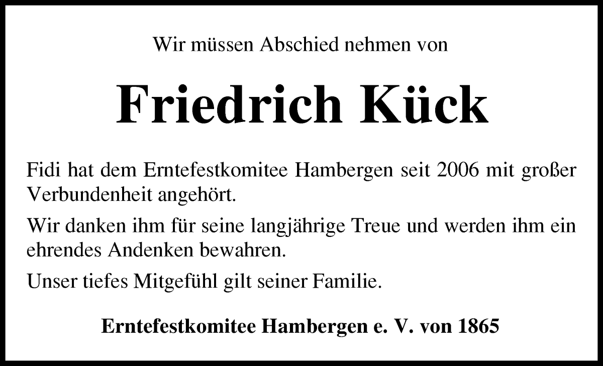 Traueranzeige von Friedrich Kück von Osterholzer Kreisblatt