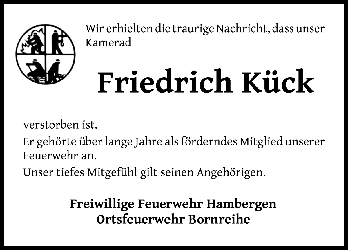 Traueranzeige von Friedrich Kück von Osterholzer Kreisblatt