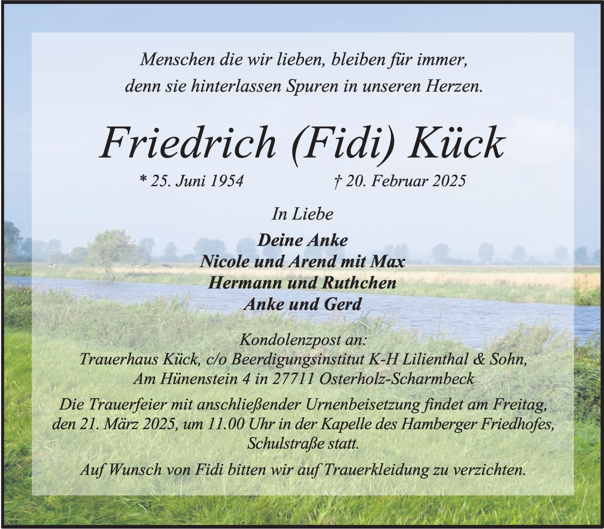 Traueranzeige von Friedrich Kück von Osterholzer Kreisblatt