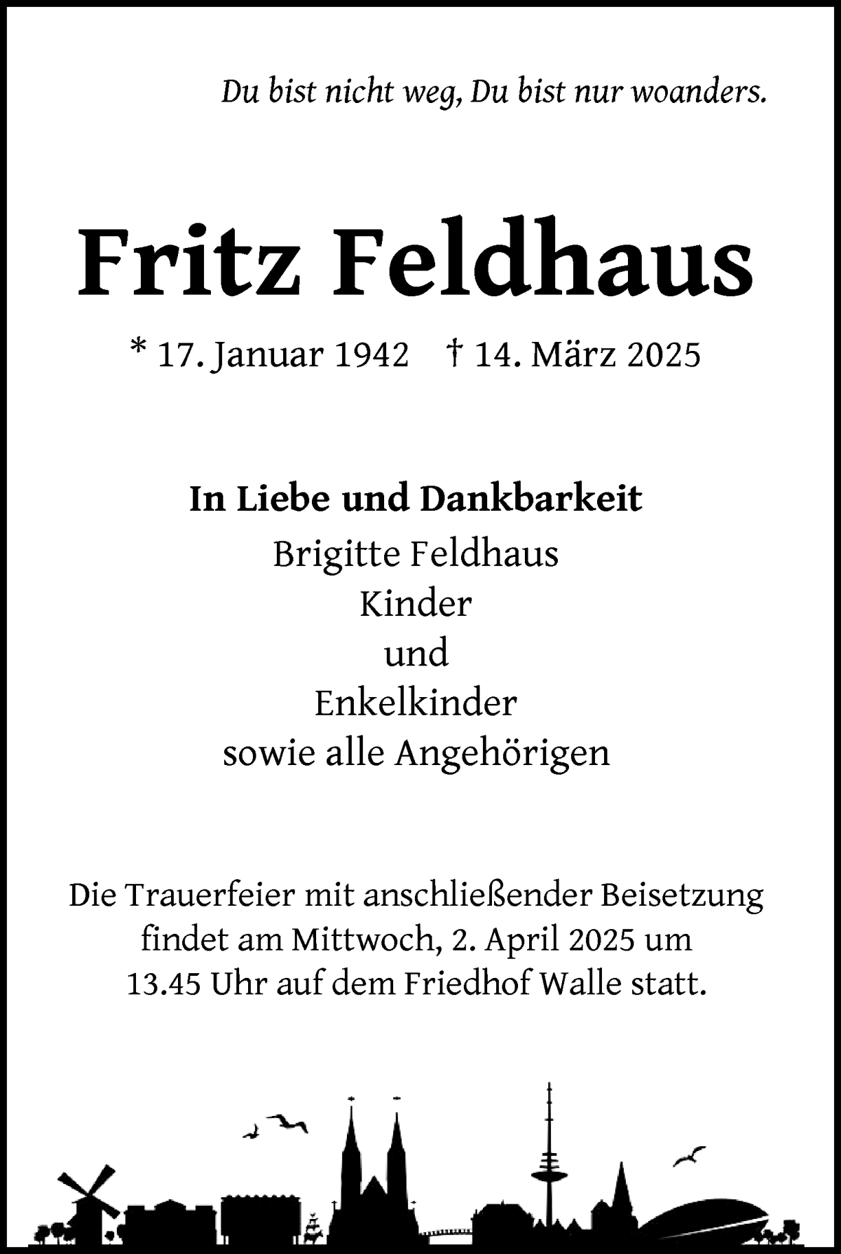 Traueranzeige von Fritz Feldhaus von WESER-KURIER