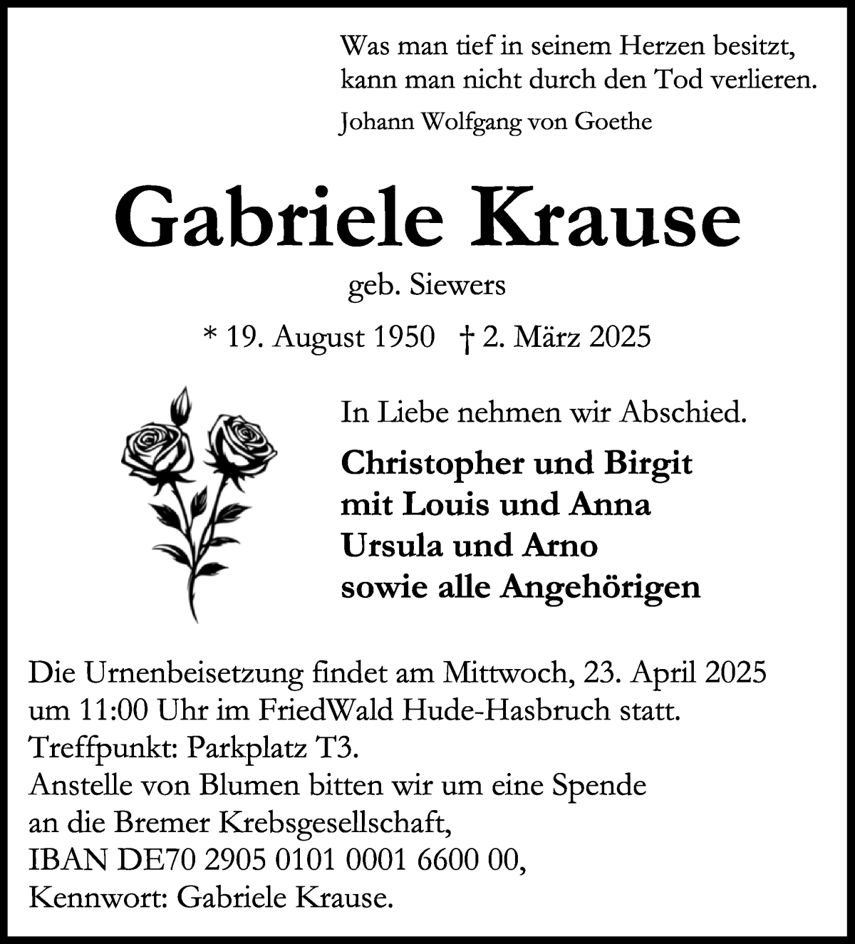 Traueranzeige von Gabriele Krause von WESER-KURIER