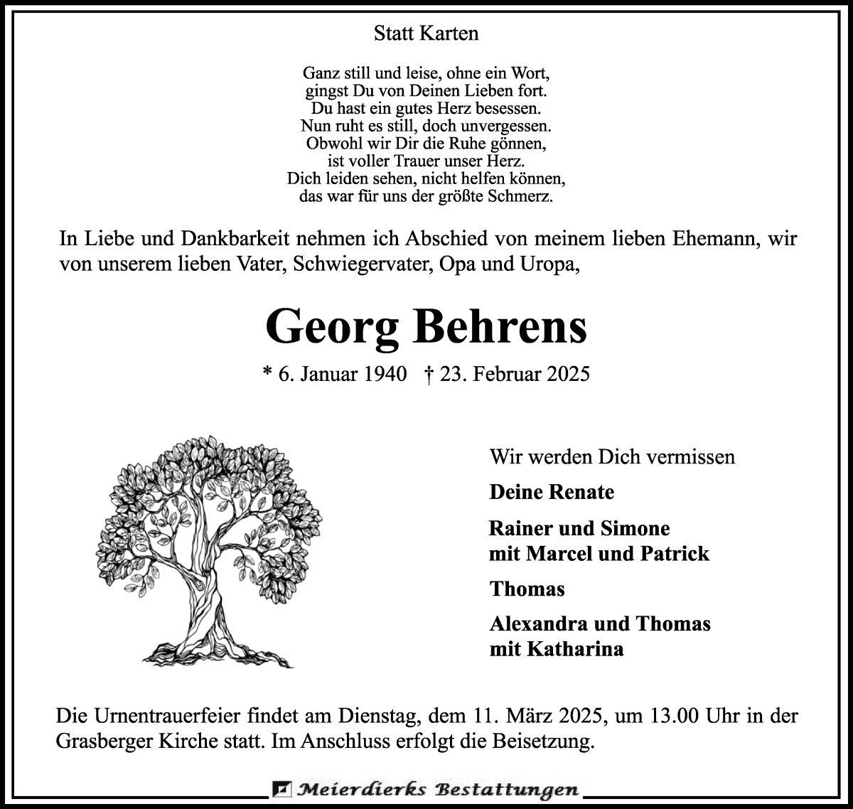 Traueranzeige von Georg Behrens von Wuemme Zeitung