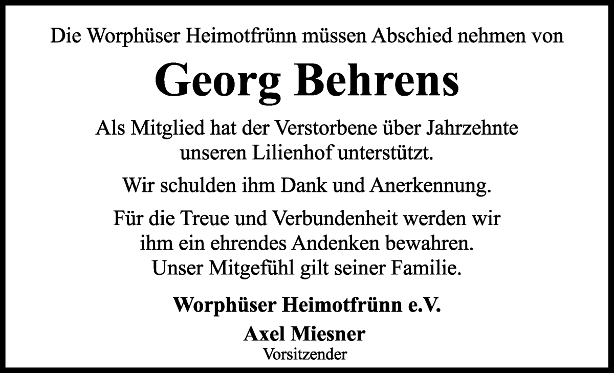Traueranzeige von Georg Behrens von Wuemme Zeitung