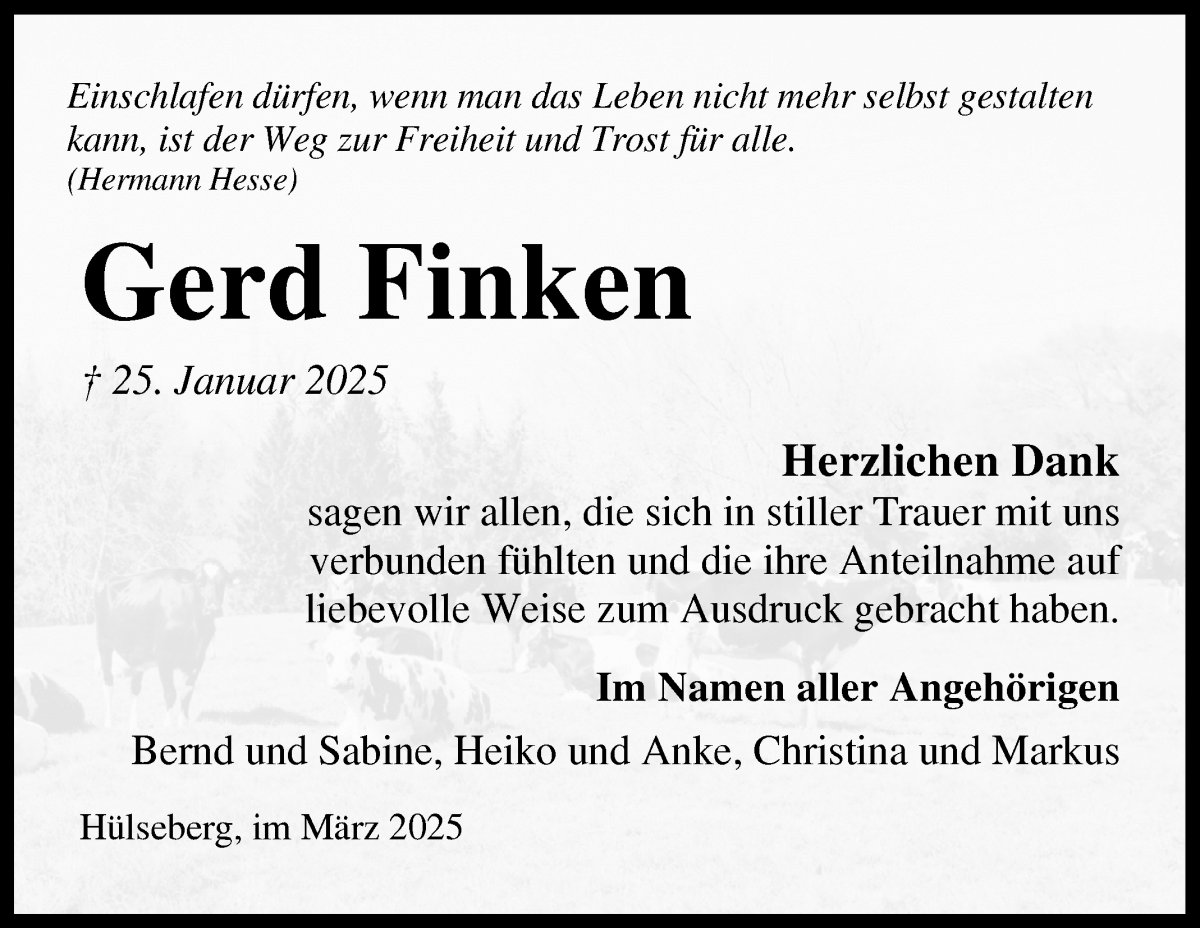 Traueranzeige von Gerd Finken von Osterholzer Kreisblatt