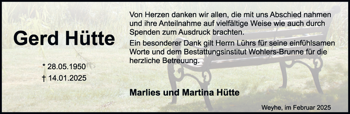 Traueranzeige von Gerd Hütte von WESER-KURIER