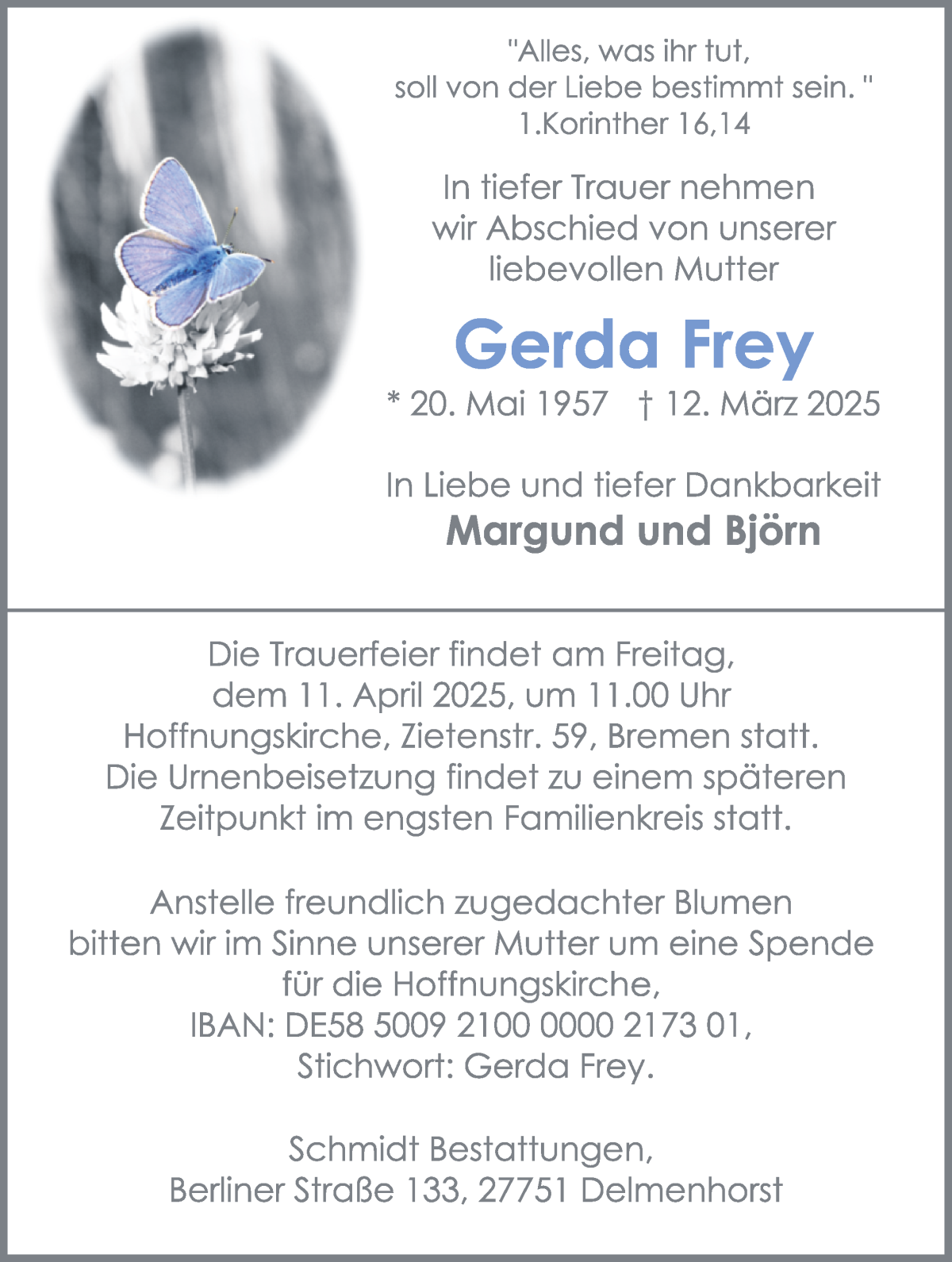 Traueranzeige von Gerda Fley von WESER-KURIER