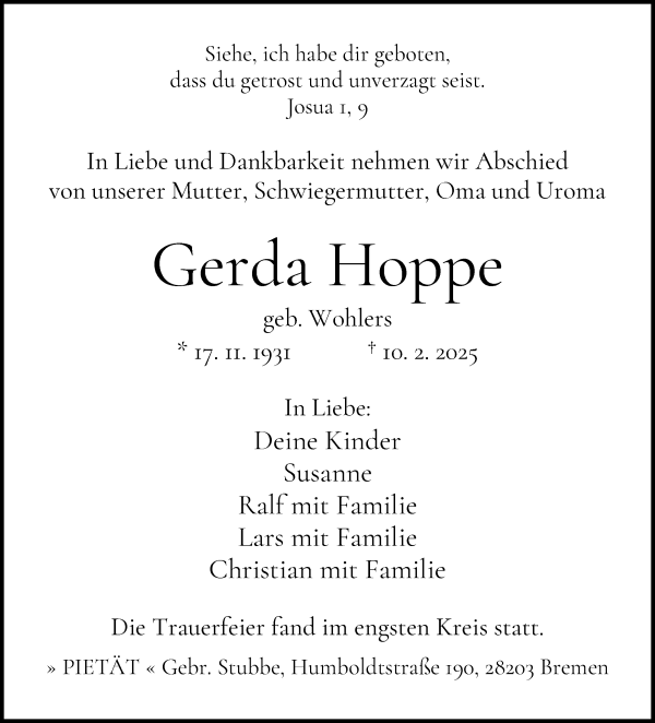 Traueranzeige von Gerda Hoppe von WESER-KURIER