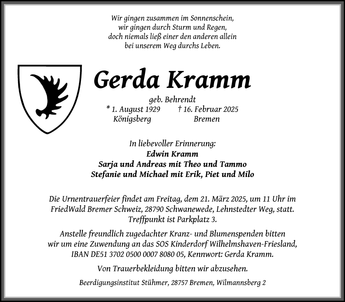 Traueranzeige von Gerda Kramm von Die Norddeutsche