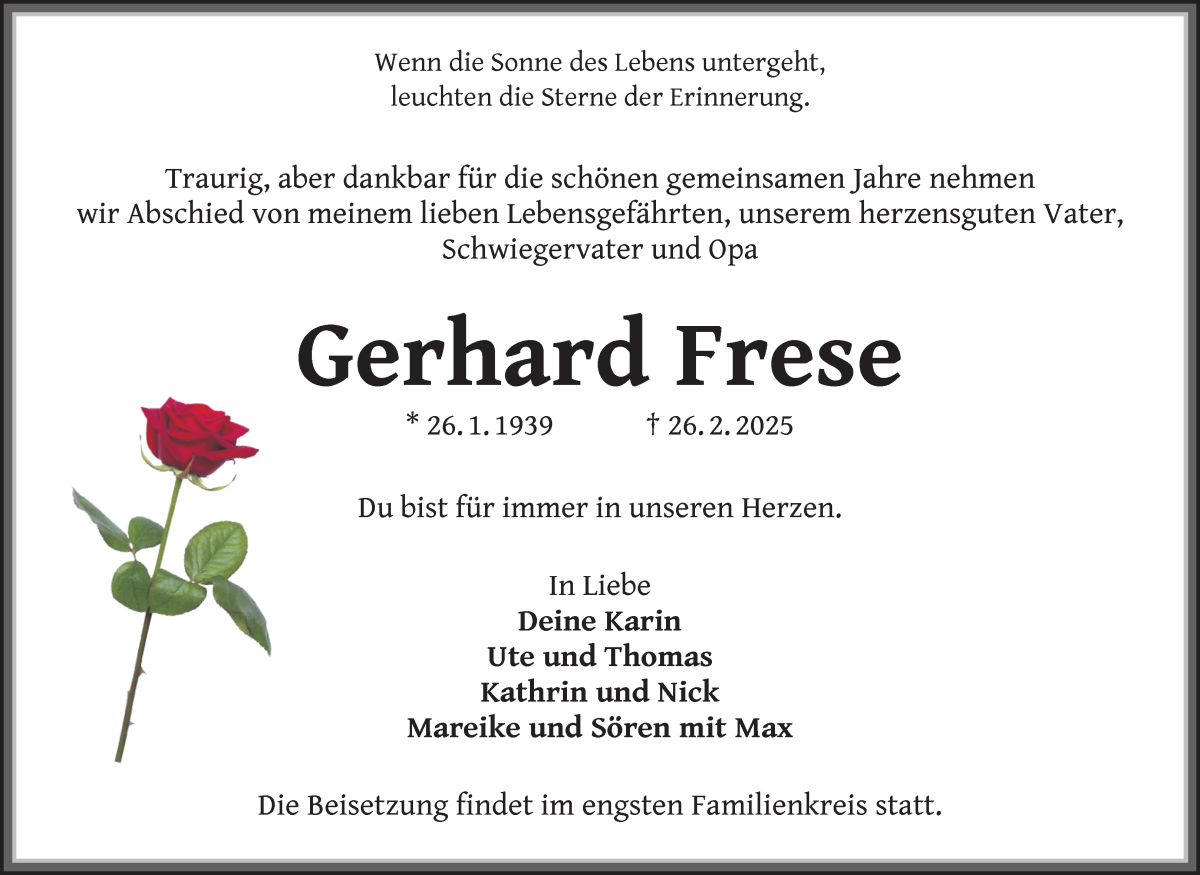 Traueranzeige von Gerhard Frese von Wuemme Zeitung