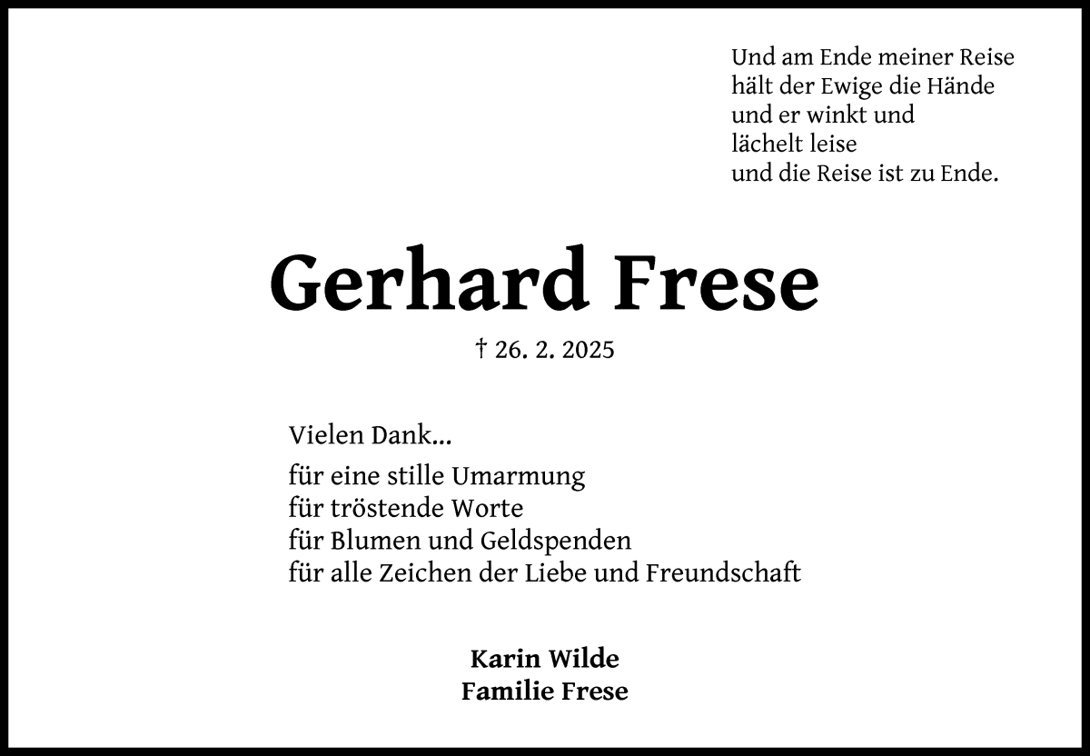 Traueranzeige von Gerhard Frese von Wuemme Zeitung
