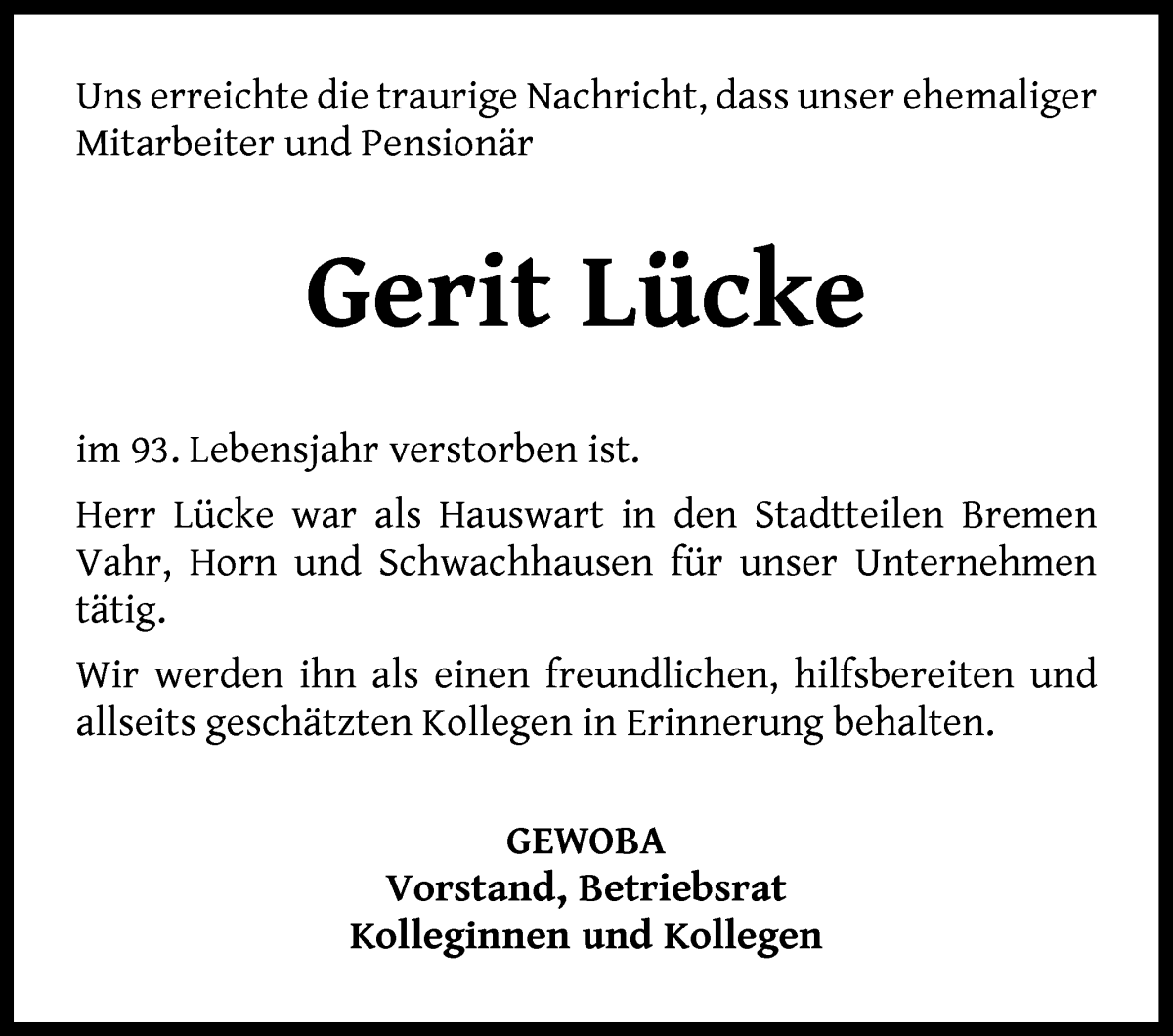 Traueranzeige von Gerit Lücke von WESER-KURIER
