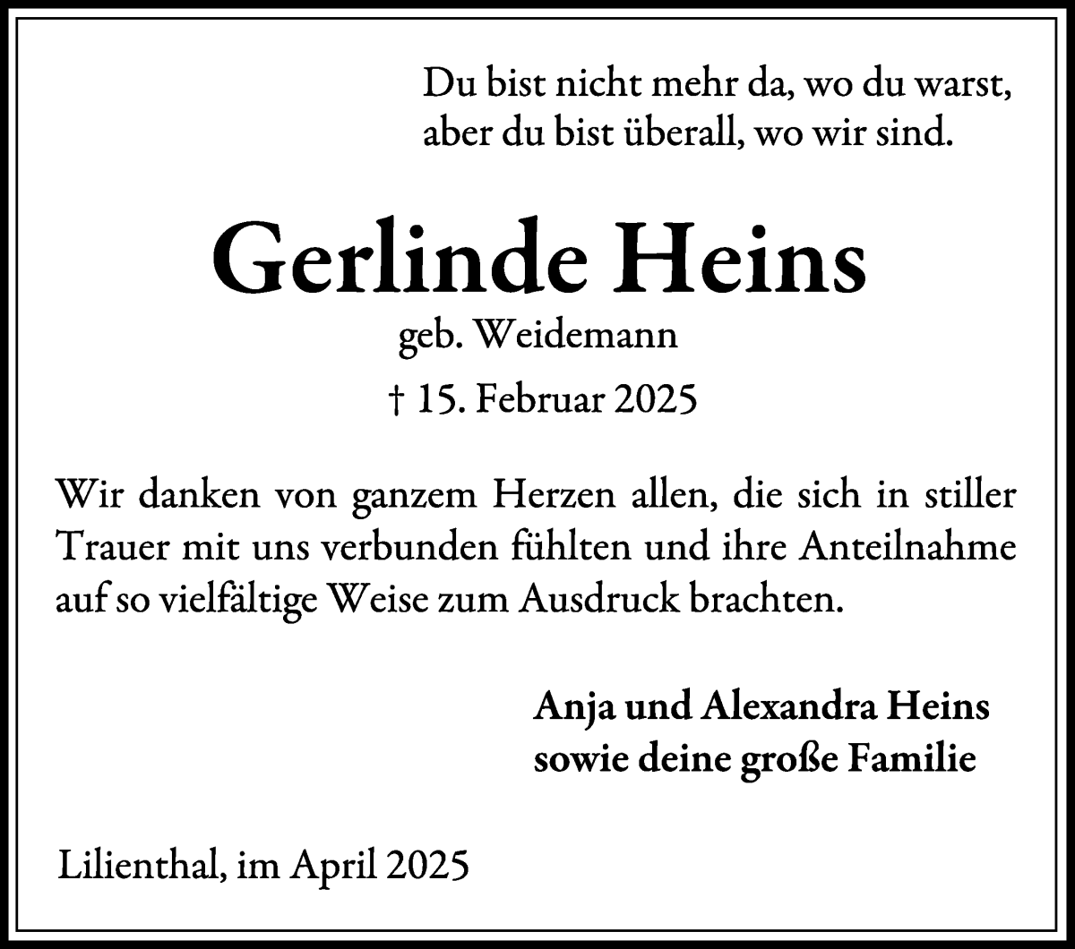 Traueranzeige von Gerlinde Heins von Wuemme Zeitung