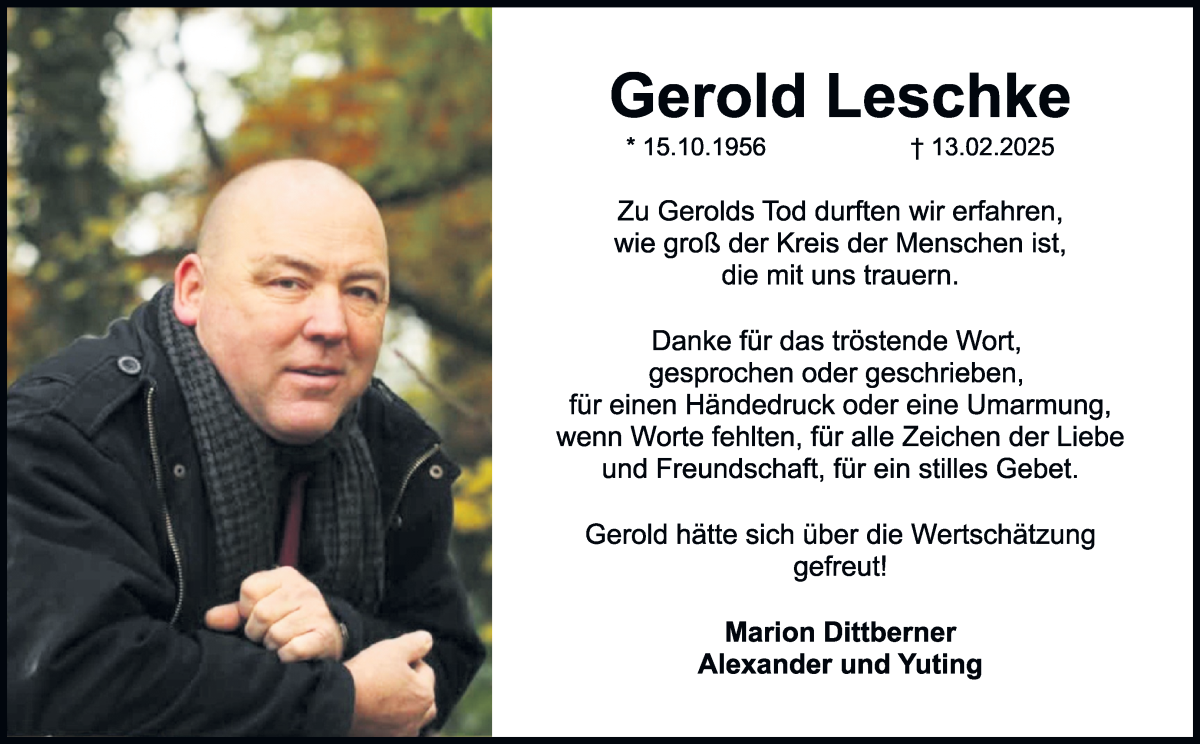 Traueranzeige von Gerold Leschke von Regionale Rundschau/Syker Kurier
