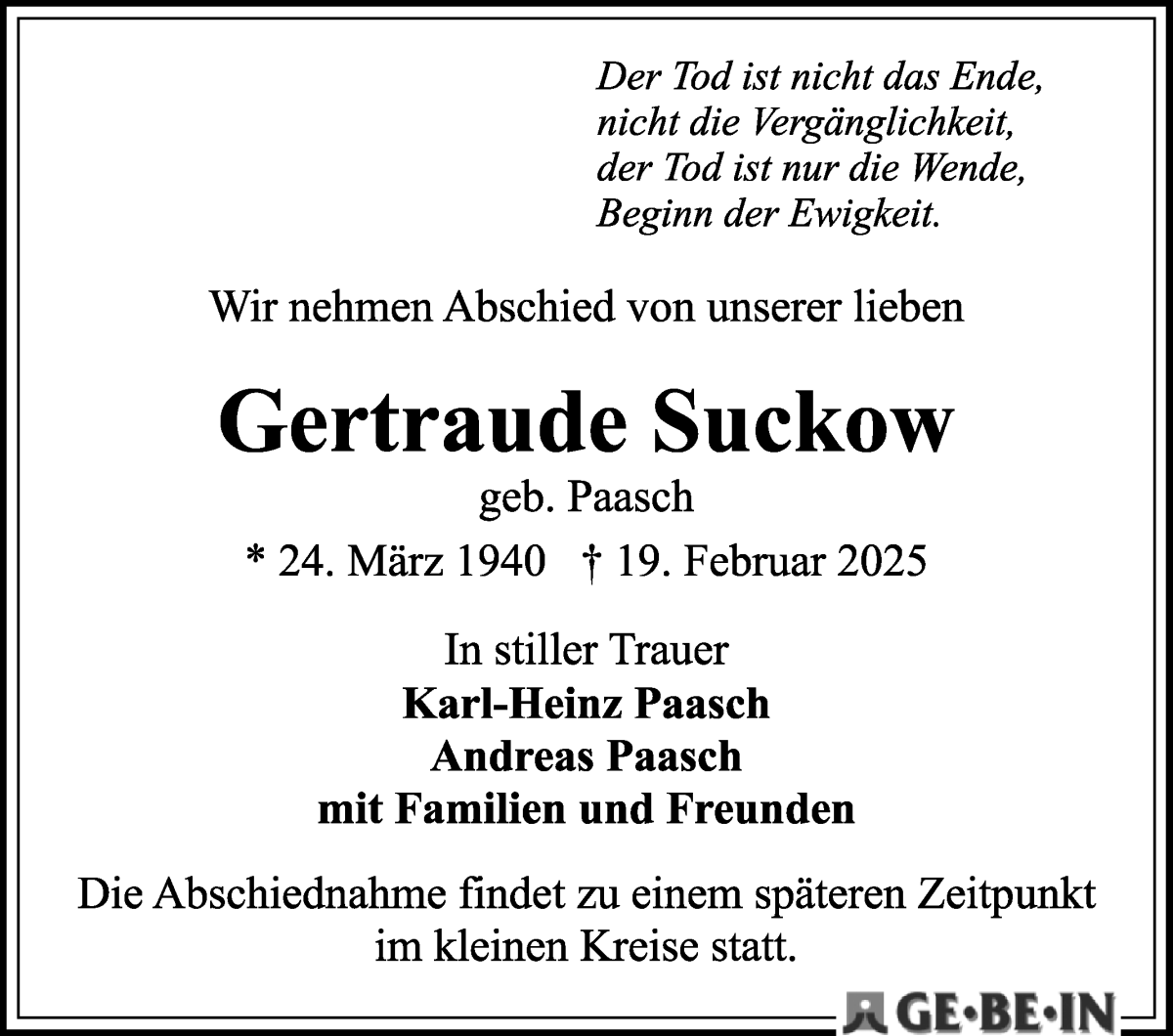 Traueranzeige von Gertraude Suckow von WESER-KURIER