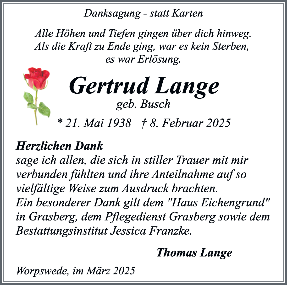 Traueranzeige von Gertrud Lange von Wuemme Zeitung