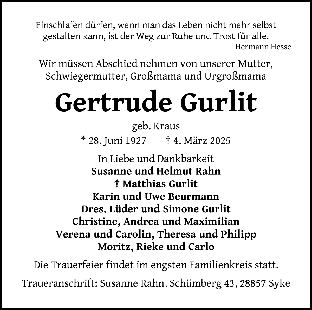 Traueranzeige von Gertrude Gurlit von WESER-KURIER