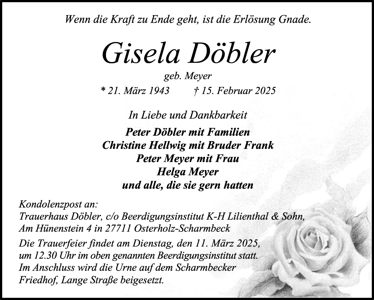 Traueranzeige von Gisela Döbler von Osterholzer Kreisblatt