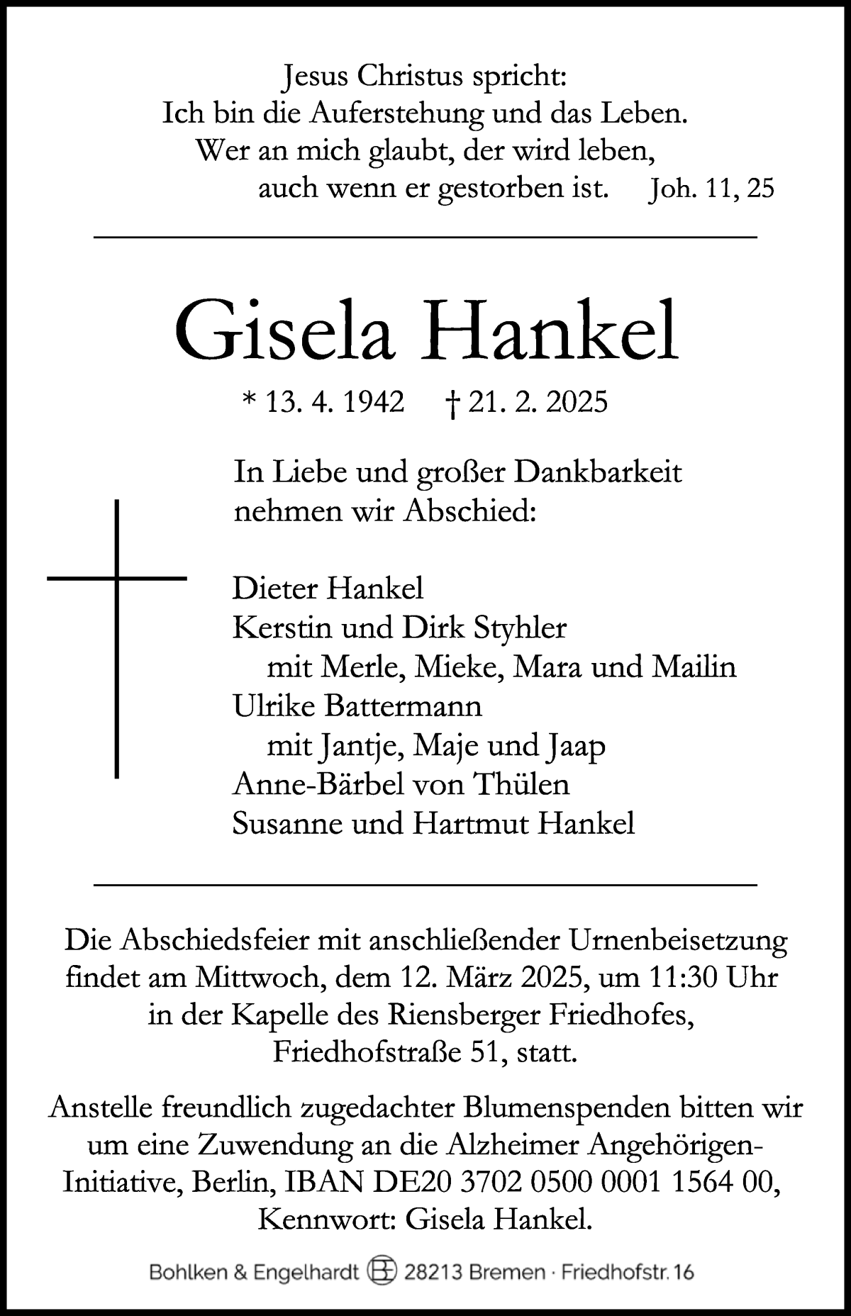 Traueranzeige von Gisela Hankel von WESER-KURIER