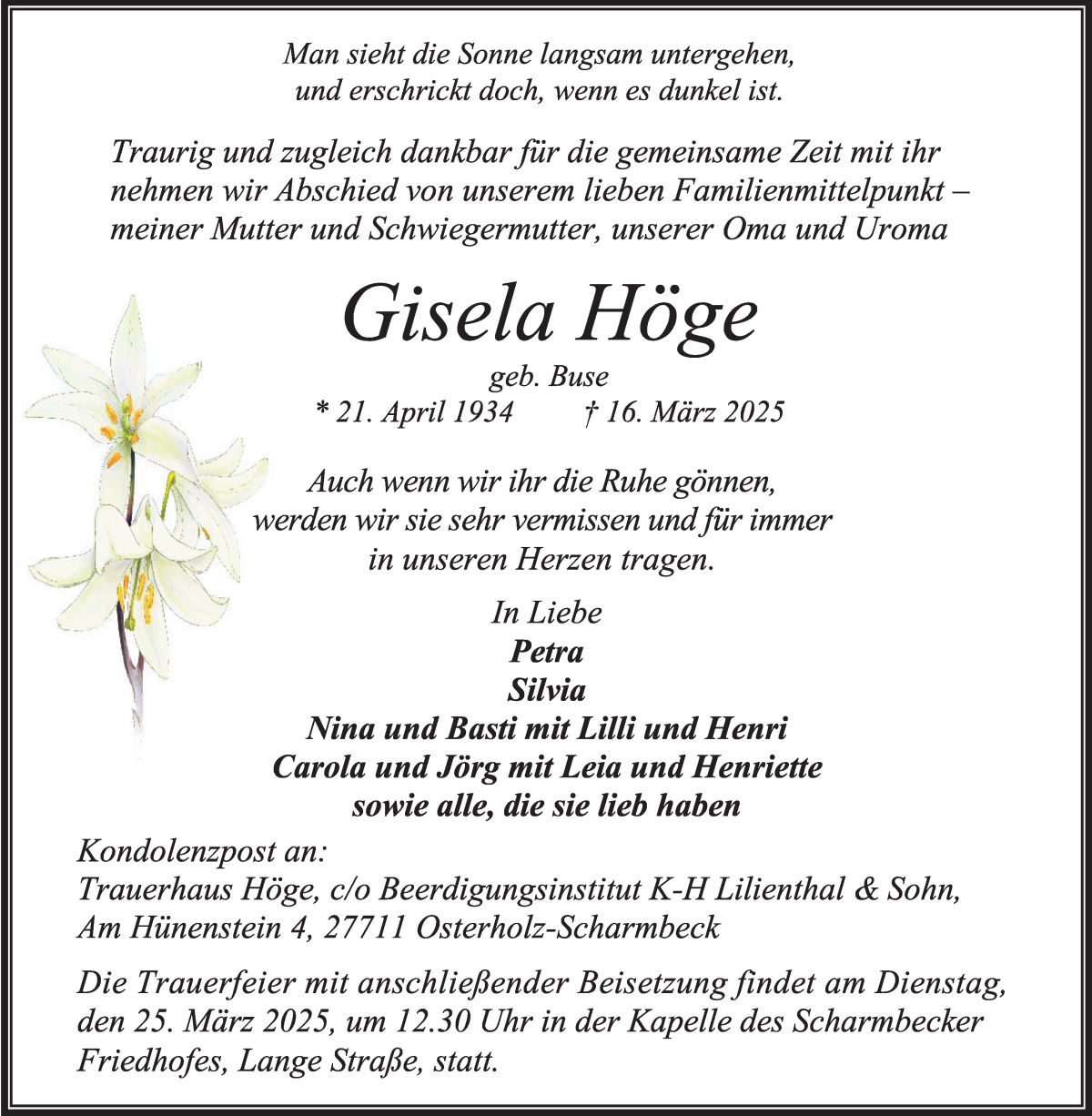 Traueranzeige von Gisela Höge von Osterholzer Kreisblatt