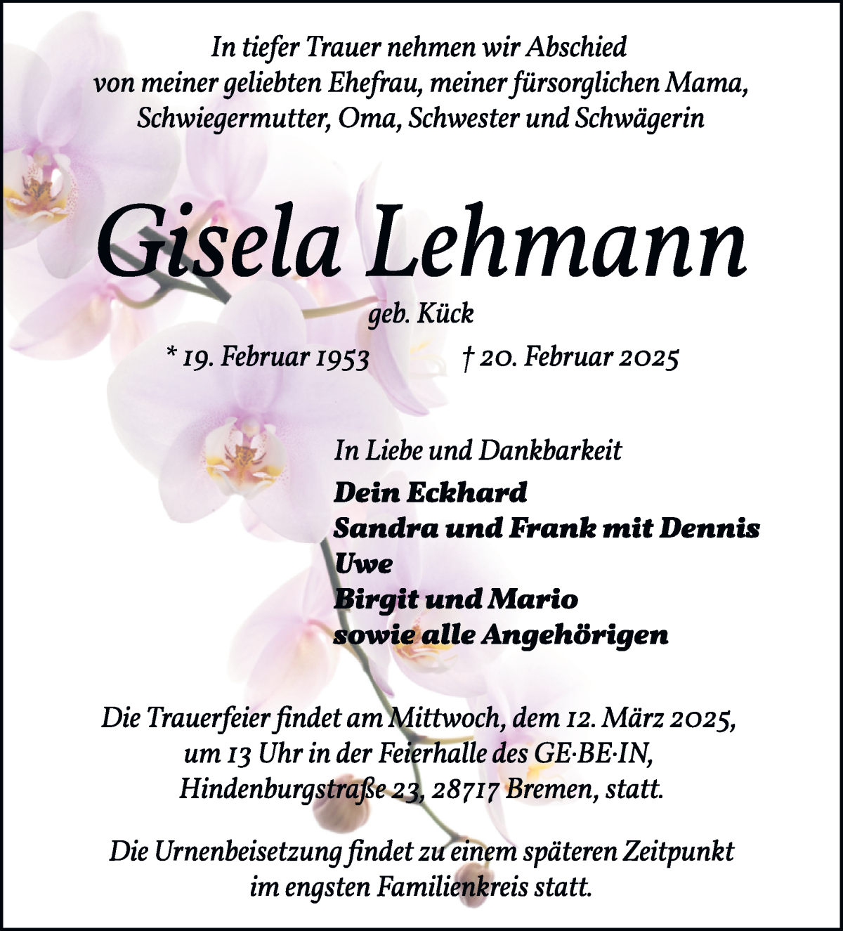 Traueranzeige von Gisela Lehmann von WESER-KURIER