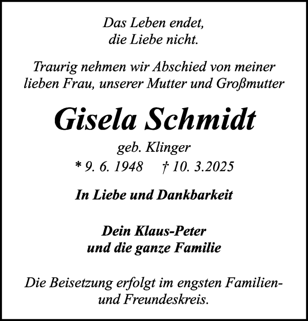 Traueranzeige von Gisela Schmidt von WESER-KURIER
