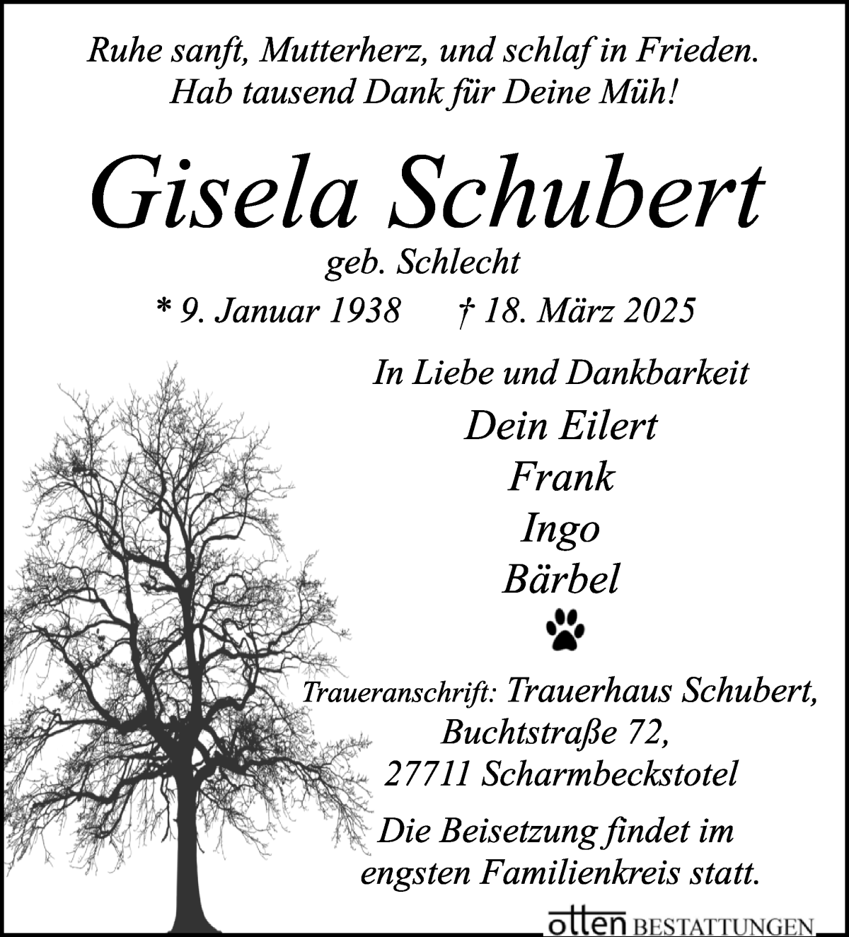 Traueranzeige von Gisela Schubert von WESER-KURIER