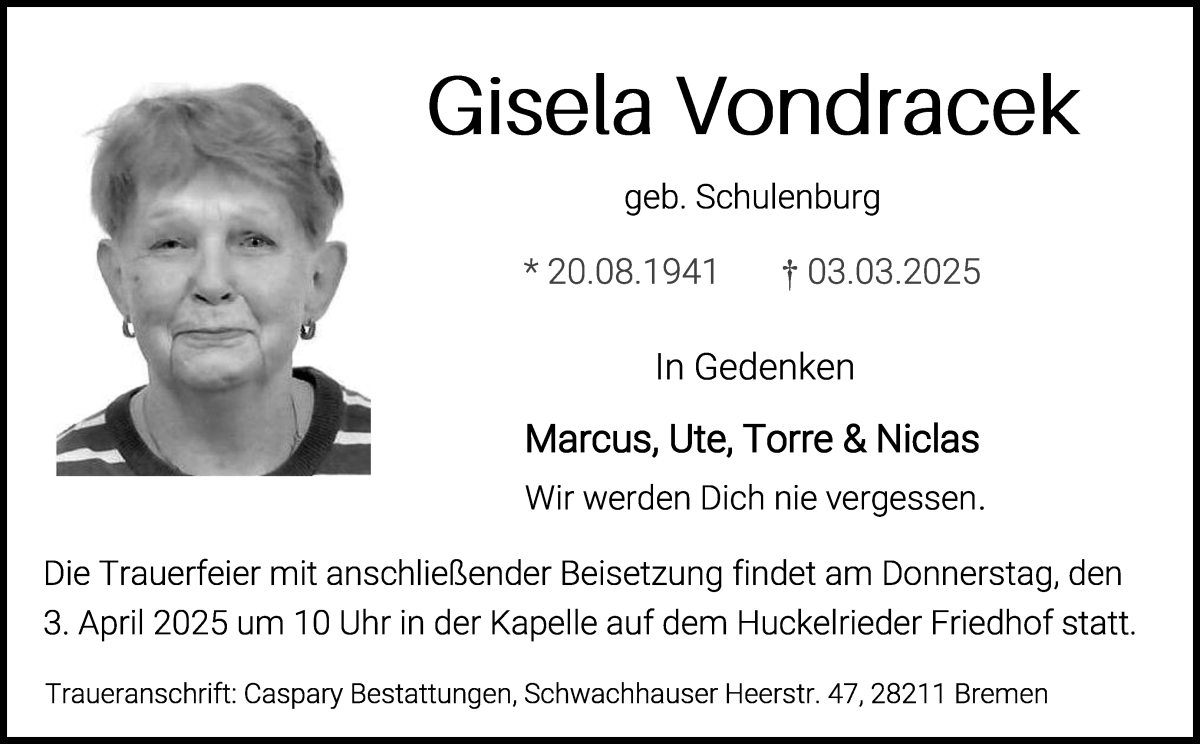 Traueranzeige von Gisela Vondracek von WESER-KURIER