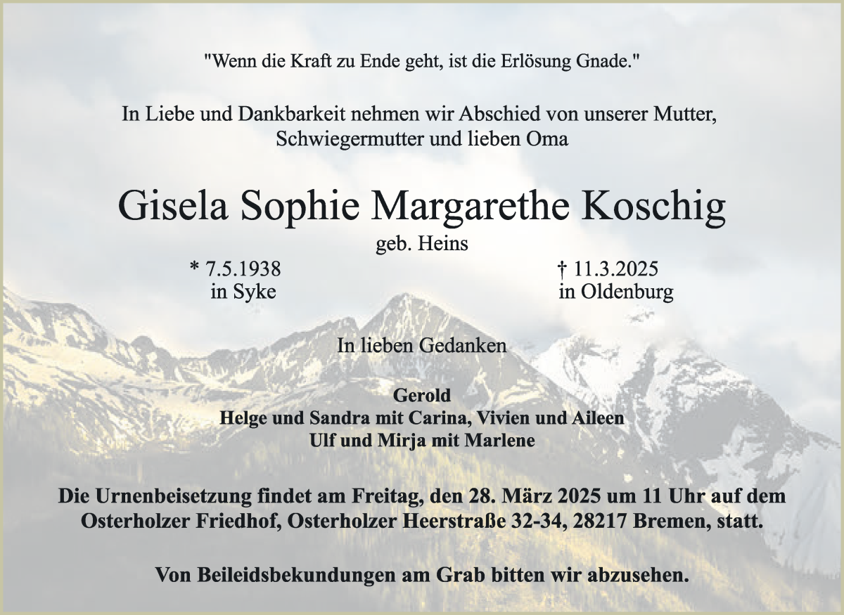 Traueranzeige von Gisela Sophie Margarethe Koschig von WESER-KURIER