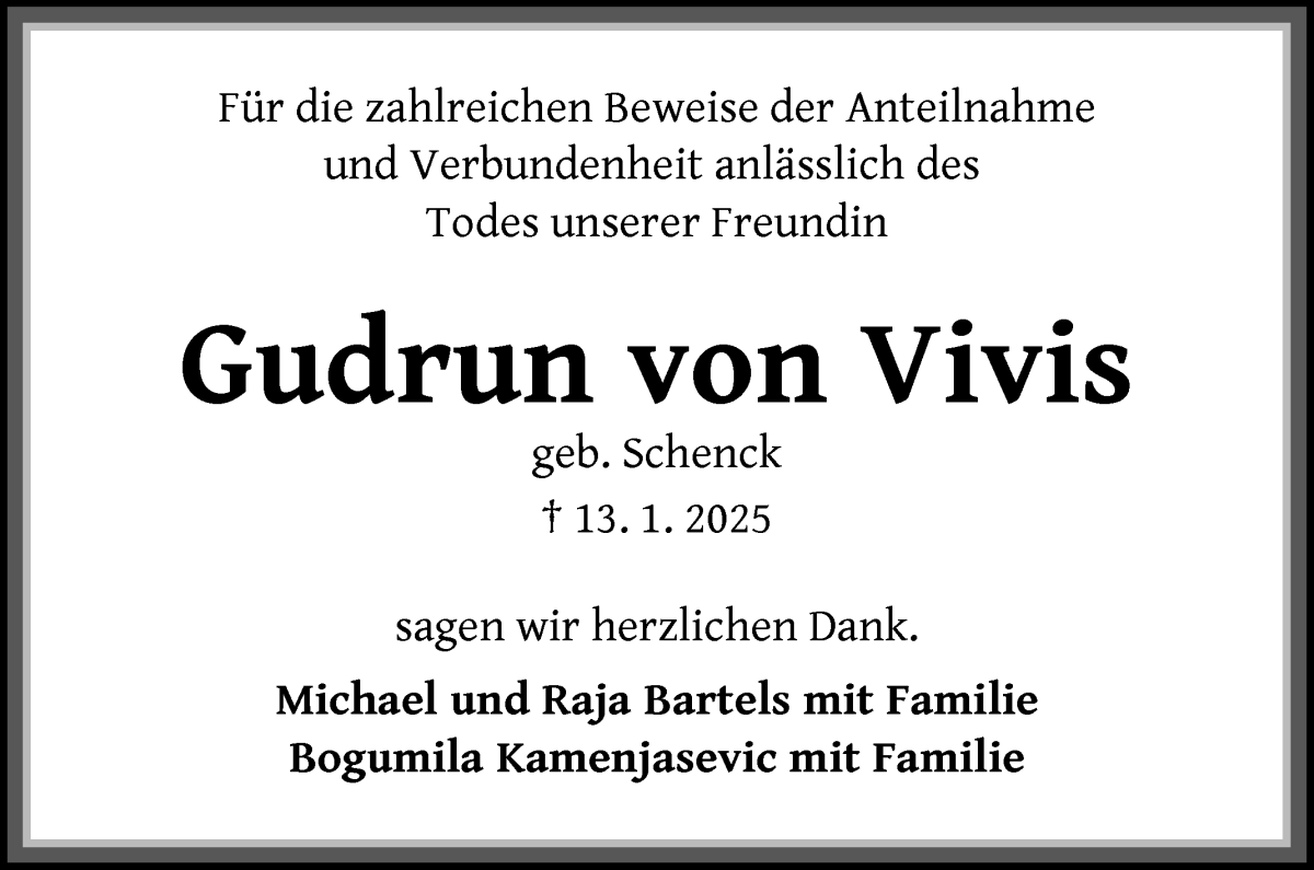 Traueranzeige von Gudrun von Vivis von Die Norddeutsche