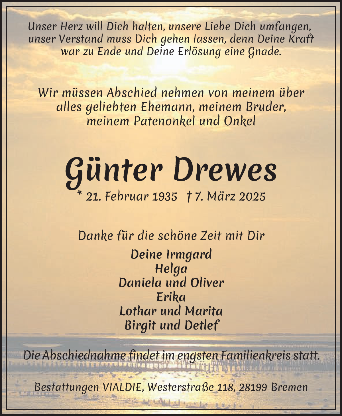 Traueranzeige von Günter Drewes von WESER-KURIER