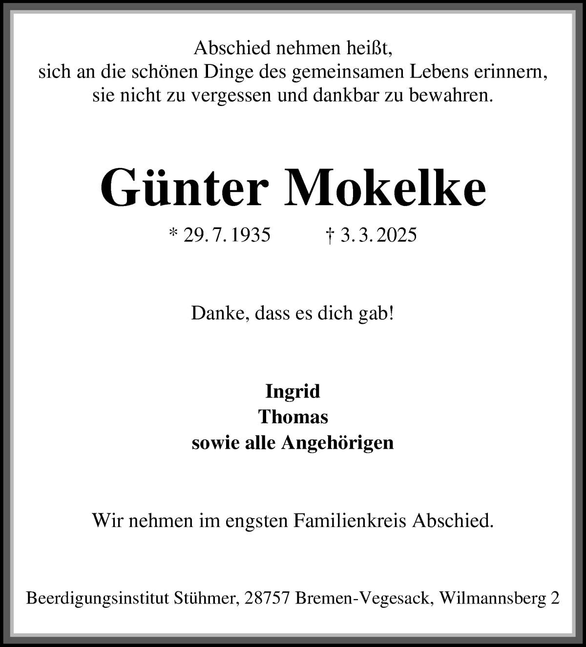 Traueranzeige von Günter Mokelke von Die Norddeutsche