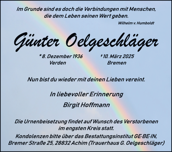 Traueranzeige von Günter Oelgeschläger von WESER-KURIER