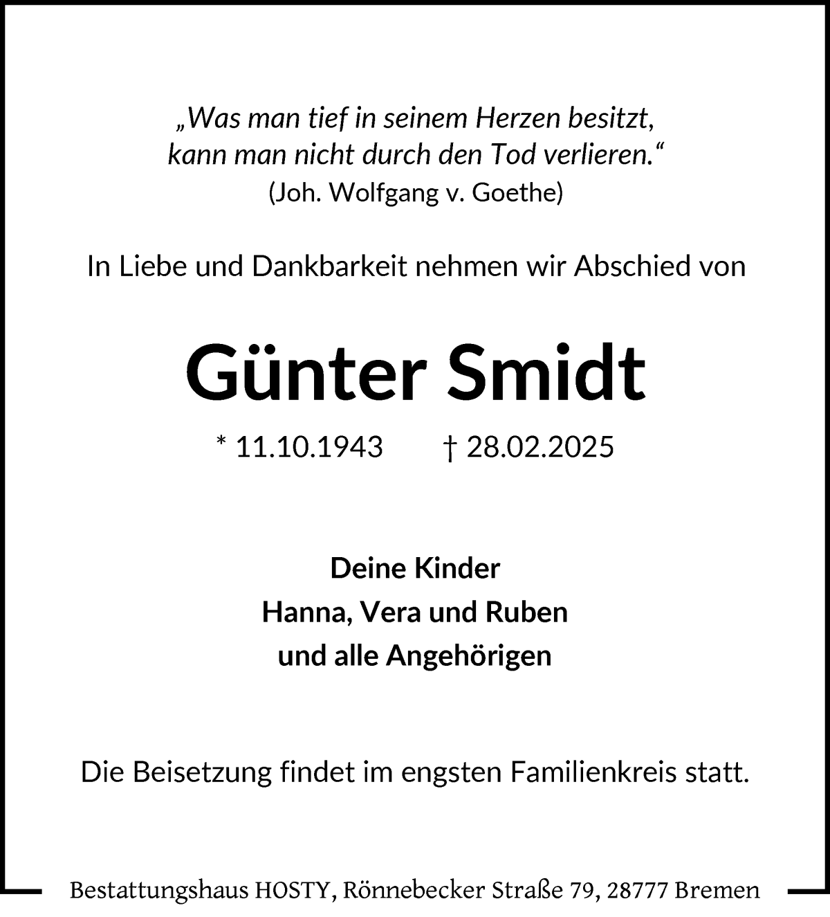 Traueranzeige von Günter Smidt von Die Norddeutsche
