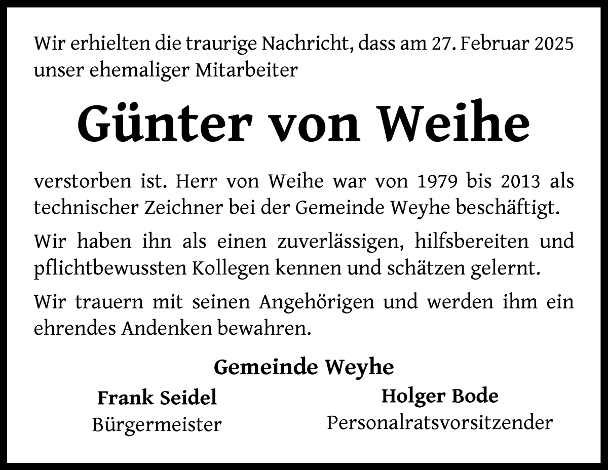 Traueranzeige von Günter von Weihe von Regionale Rundschau/Syker Kurier