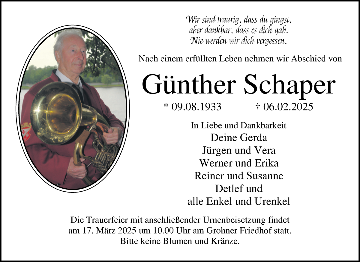 Traueranzeige von Günther Schaper von Die Norddeutsche