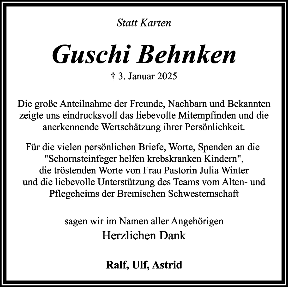 Traueranzeige von Guschi Behnken von WESER-KURIER