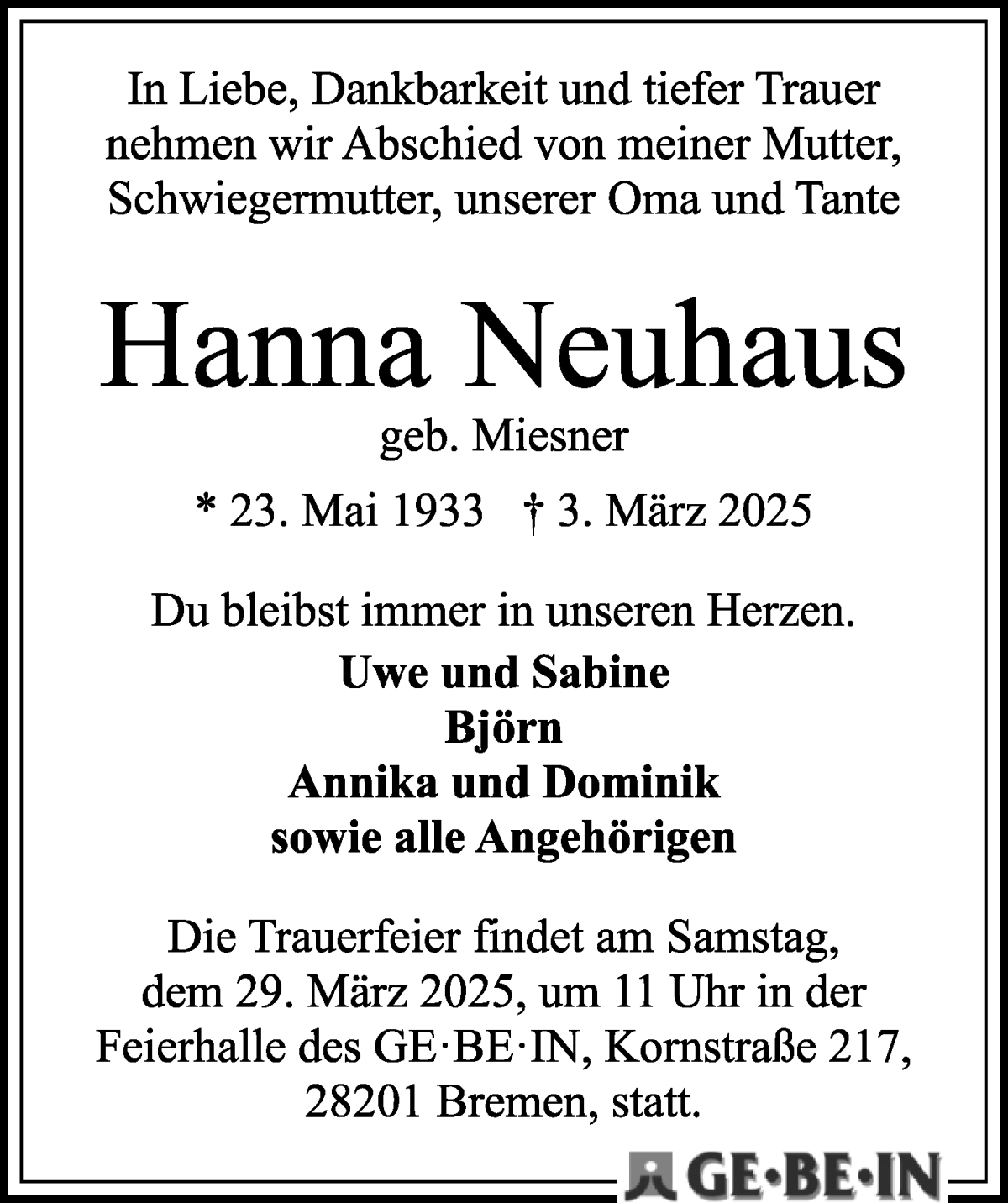 Traueranzeige von Hanna Neuhaus von WESER-KURIER