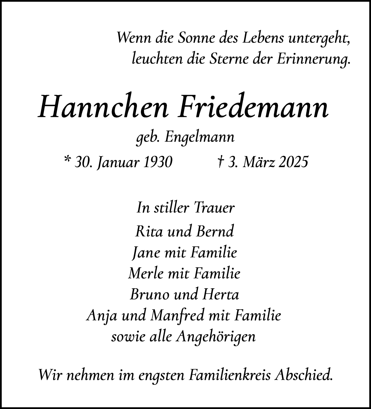 Traueranzeige von Hannchen Friedemann von Die Norddeutsche