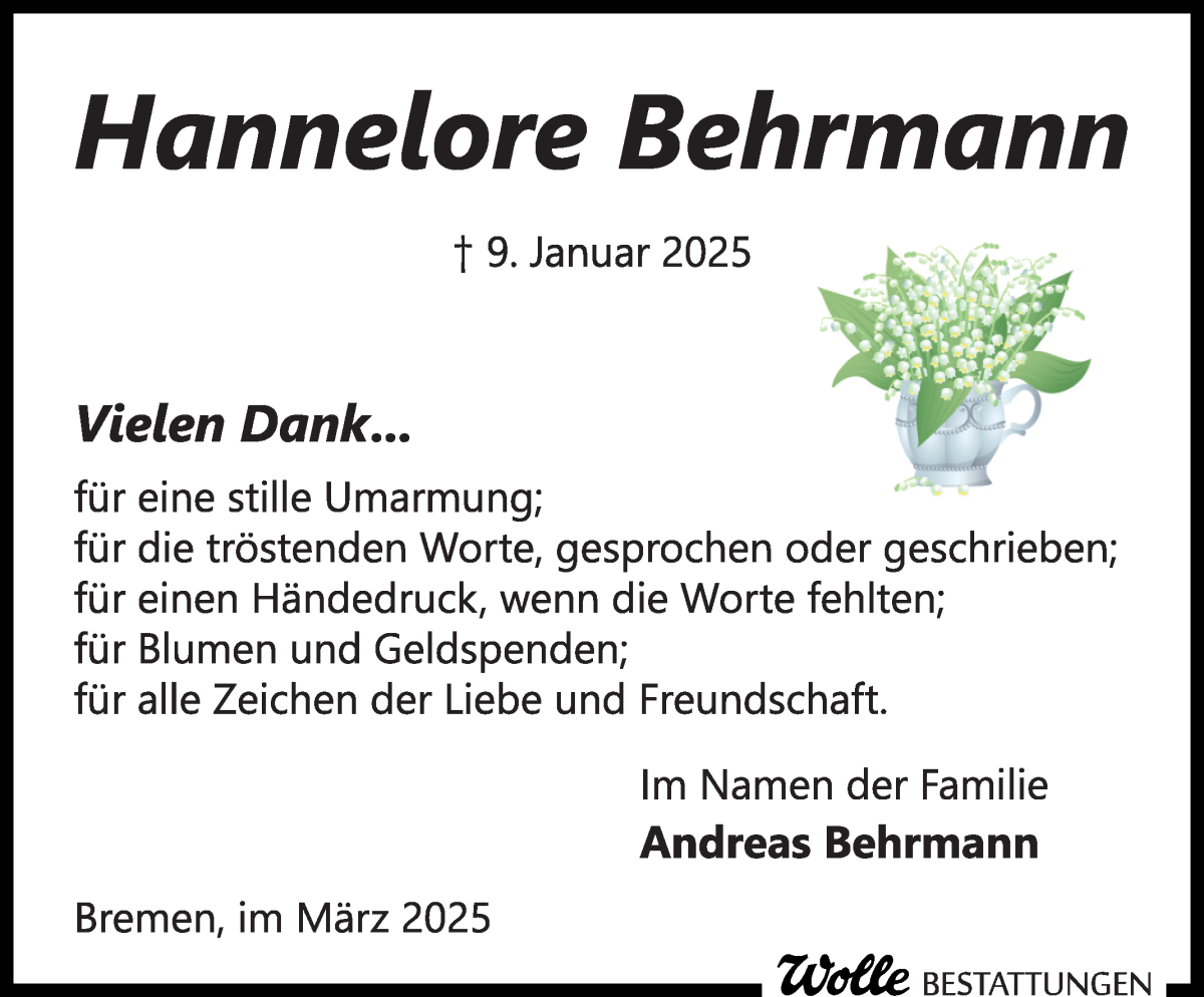 Traueranzeige von Hannelore Behrmann von WESER-KURIER