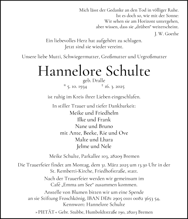 Traueranzeige von Hannlore Schulte von WESER-KURIER