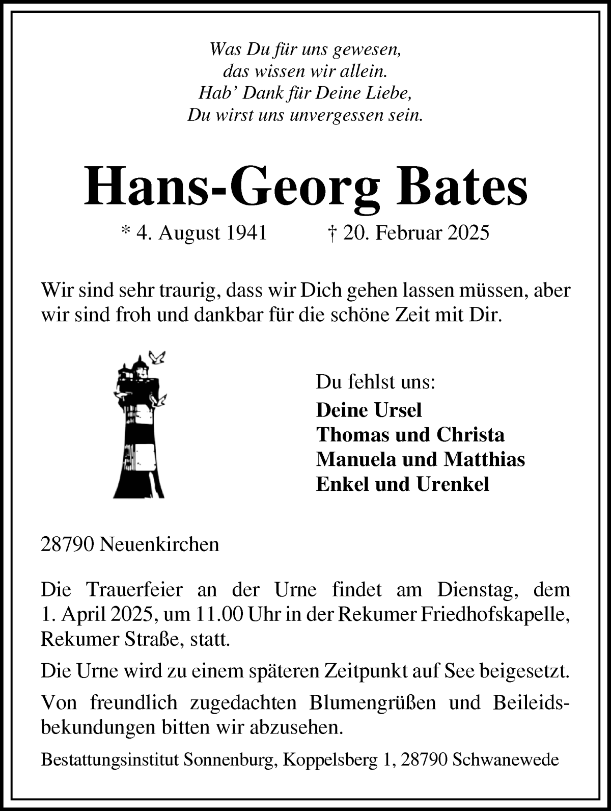 Traueranzeige von Hans-Georg Bates von Die Norddeutsche