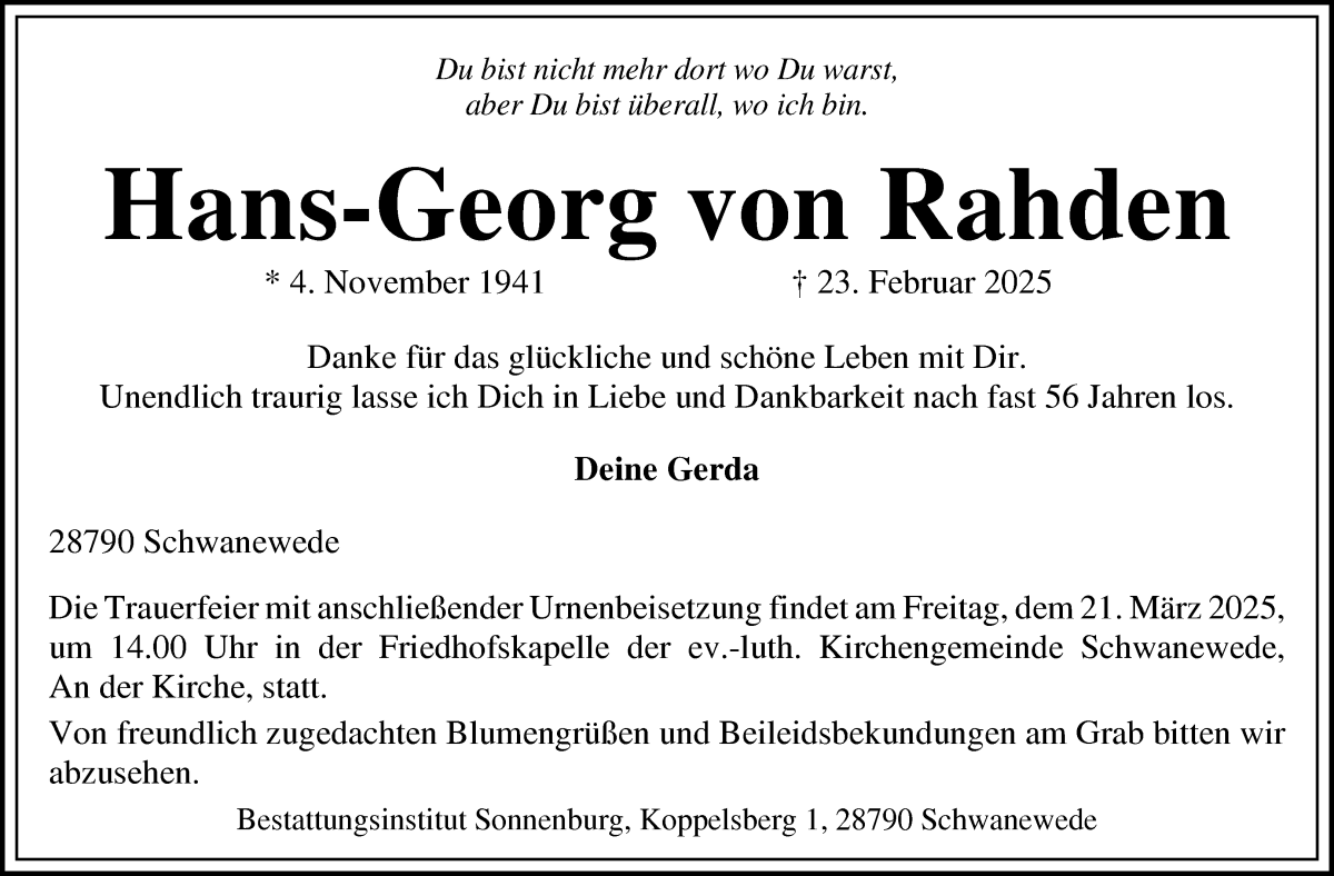 Traueranzeige von Hans-Georg von Rahden von Die Norddeutsche