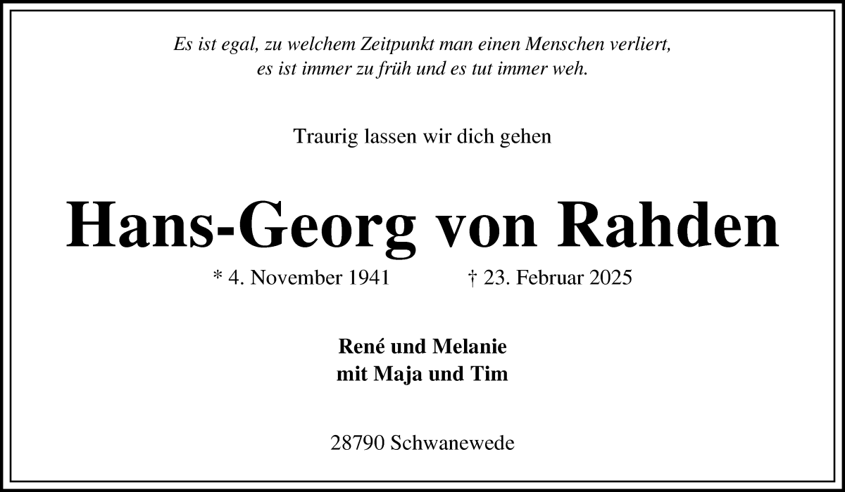 Traueranzeige von Hans-Georg von Rahden von Die Norddeutsche