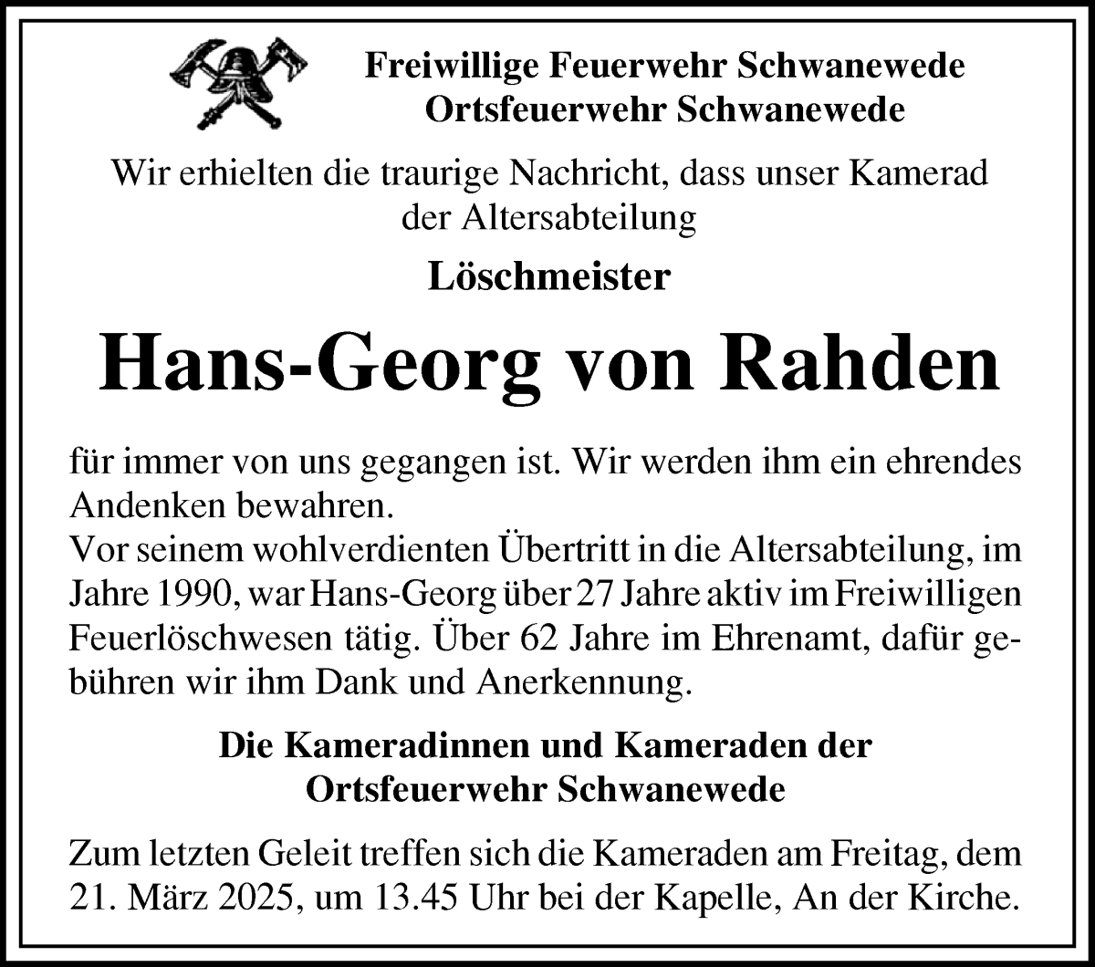 Traueranzeige von Hans-Georg von Rahden von Die Norddeutsche