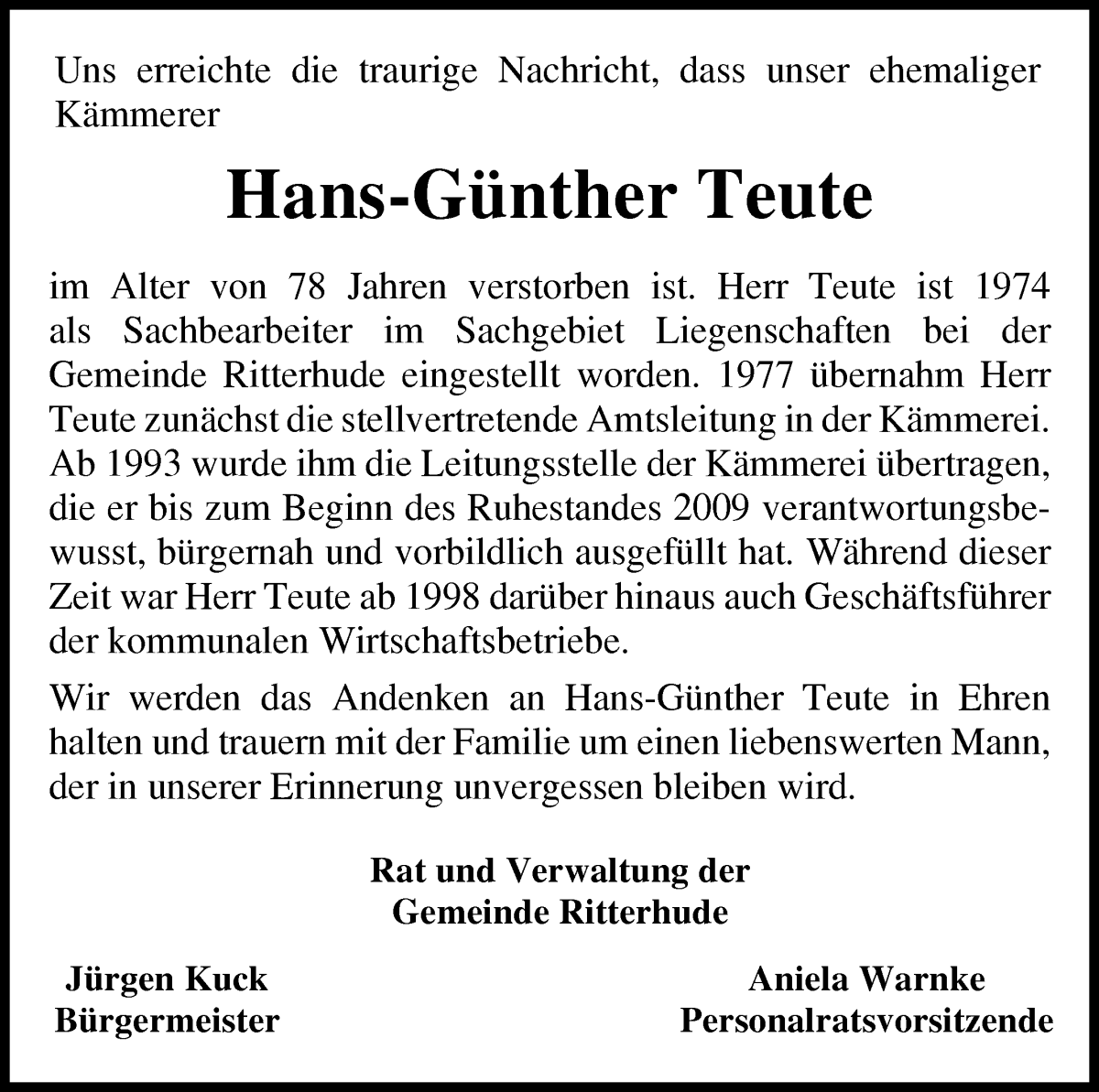 Traueranzeige von Hans-Günther Teute von Die Norddeutsche